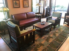 Shown with matching pair of arm chairs on one of our fine replica Arts & Crafts carpets made with plush New Zealand wool, certified hand woven without child labor. 